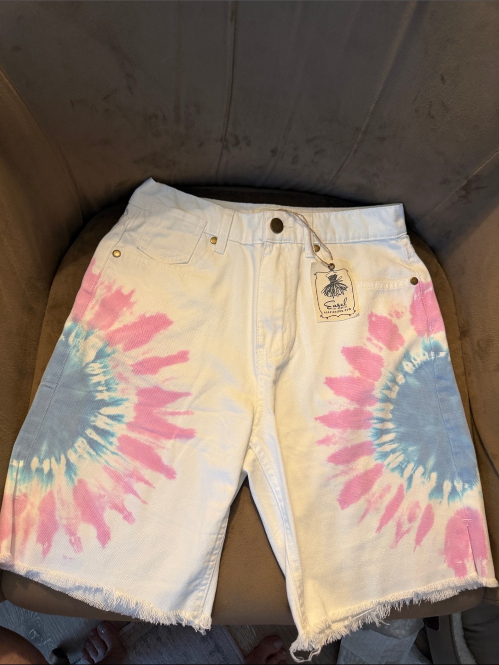 NWT White Tie-Dye  Denim Shorts with Pink & Blue Sunbursts
